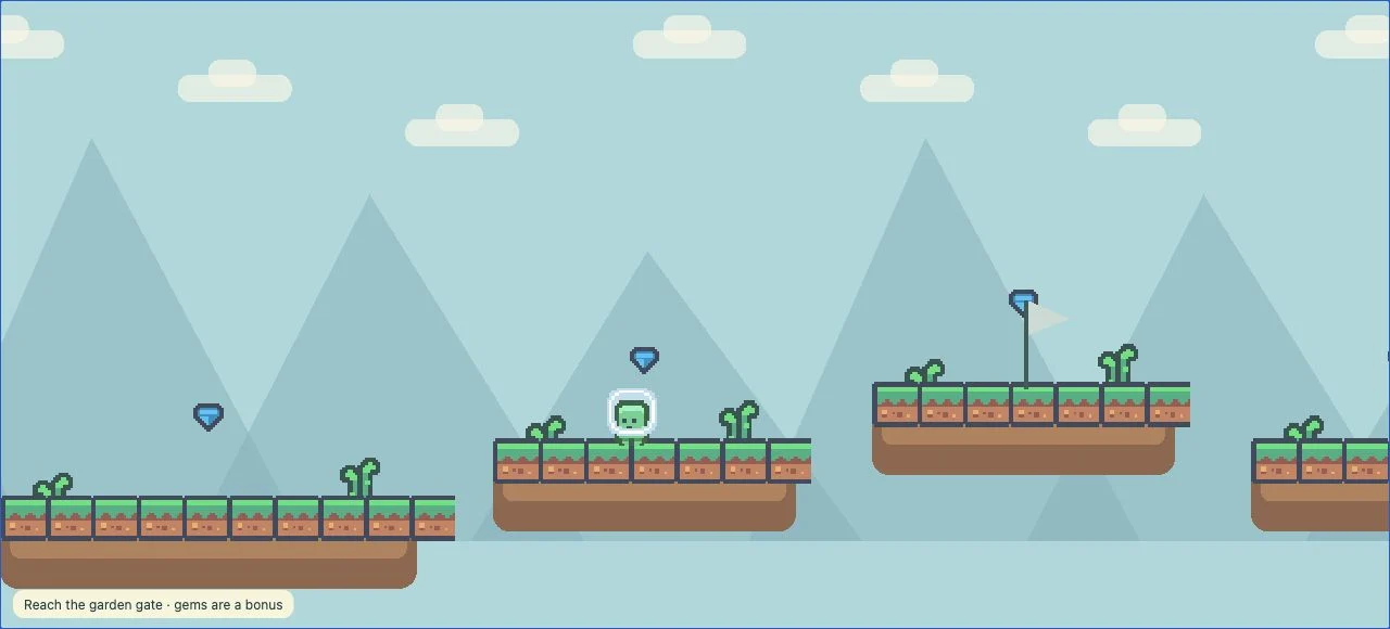 Sky Garden platformer gameplay with floating islands and blue gems