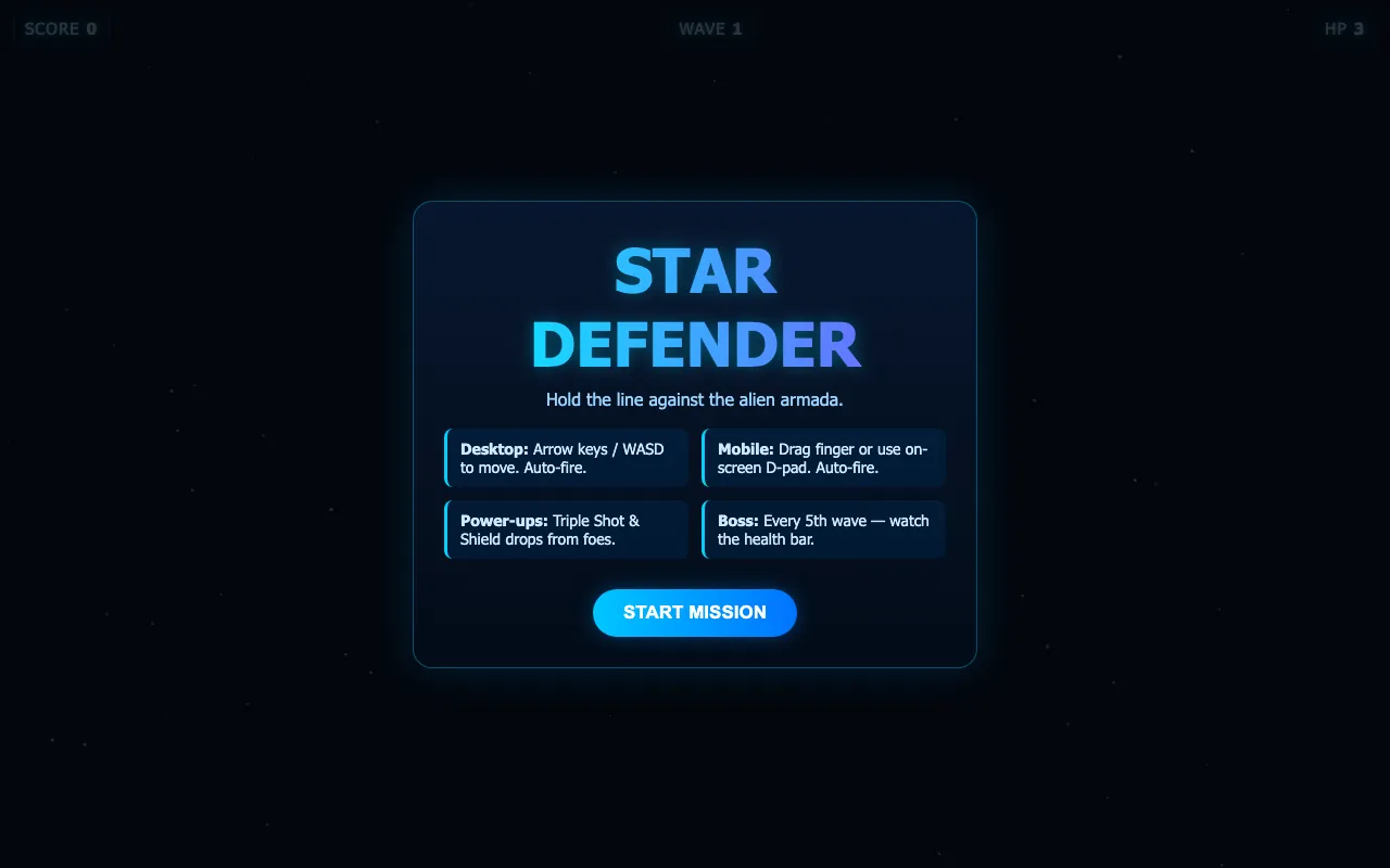 Star Defender, a space shooter made with the SI game generator from one prompt